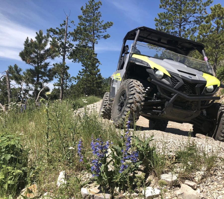 2-seater Yamaha UTV driving around corner on trail surrounded by pine trees in the black hills