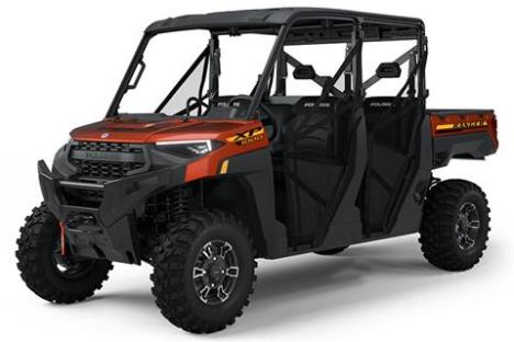 All-terrain vehicle with four seats, orange and black design, off-road tires.